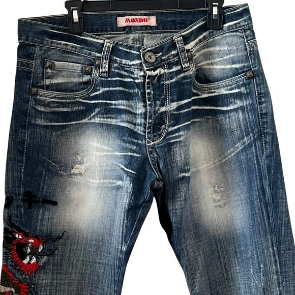 Mondo Red Dragon Embroidered Distressed Relax Fit Jeans Men Size 36 - Picture 3 of 13